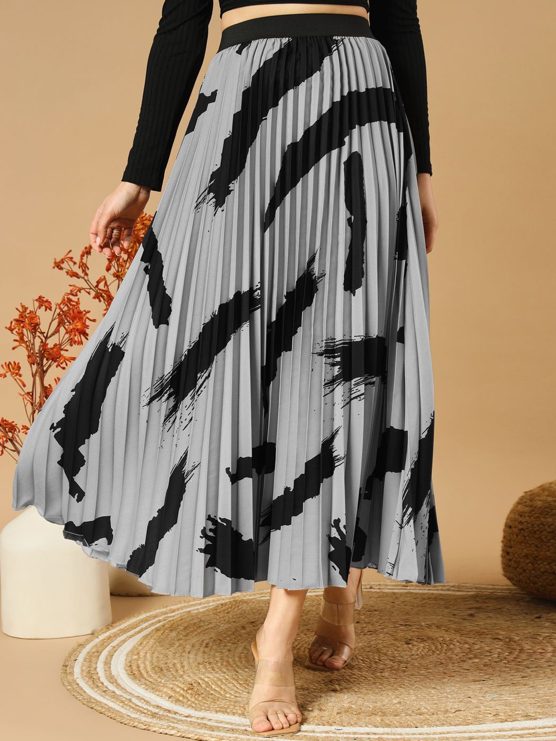 

OTABU Women Printed Pleated A-Line Maxi Skirt, Grey