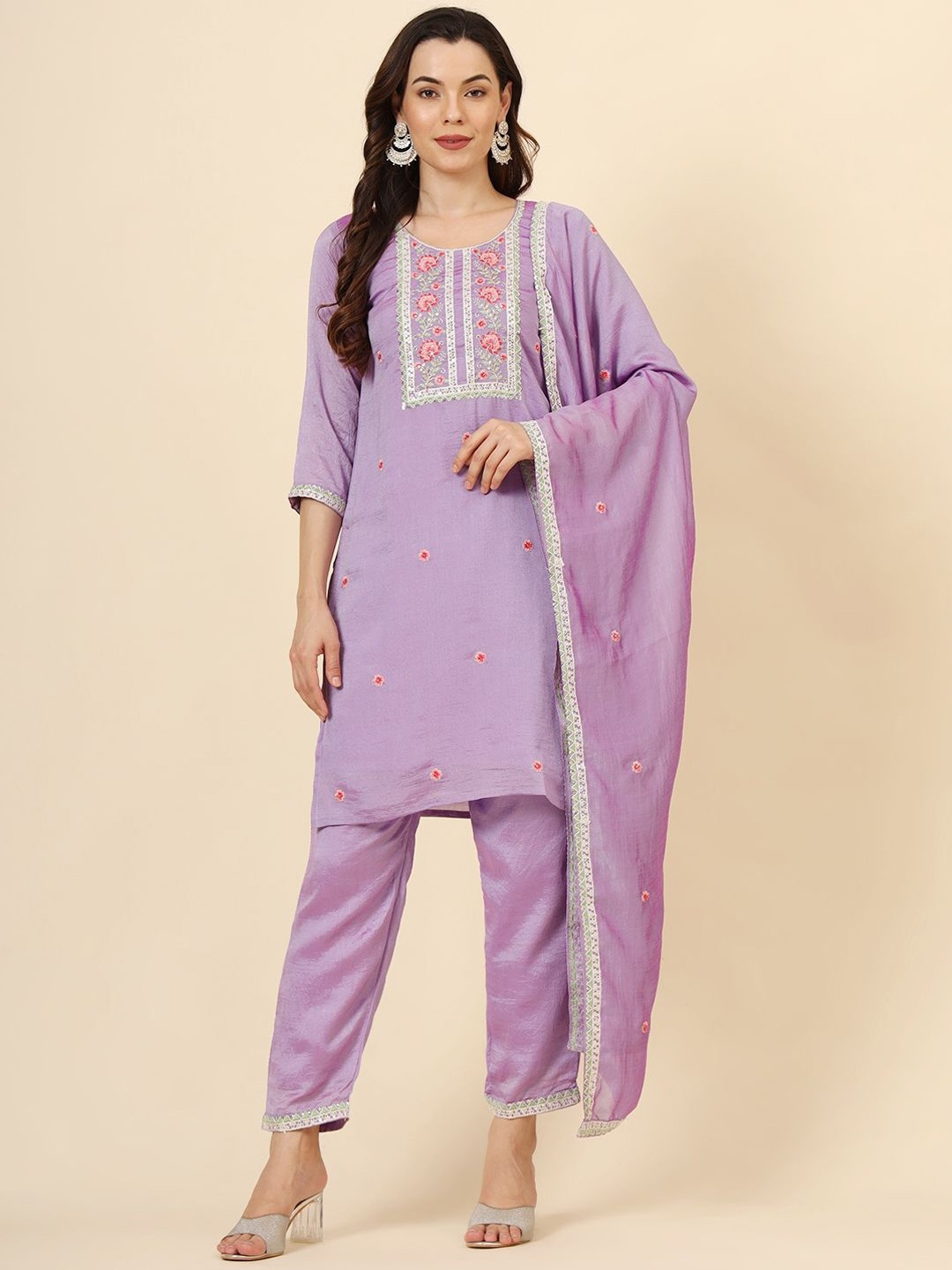 

Ekasya Ethnic Motifs Embroidered Thread Work Poly Silk Straight Kurta Trousers & Dupatta, Lavender