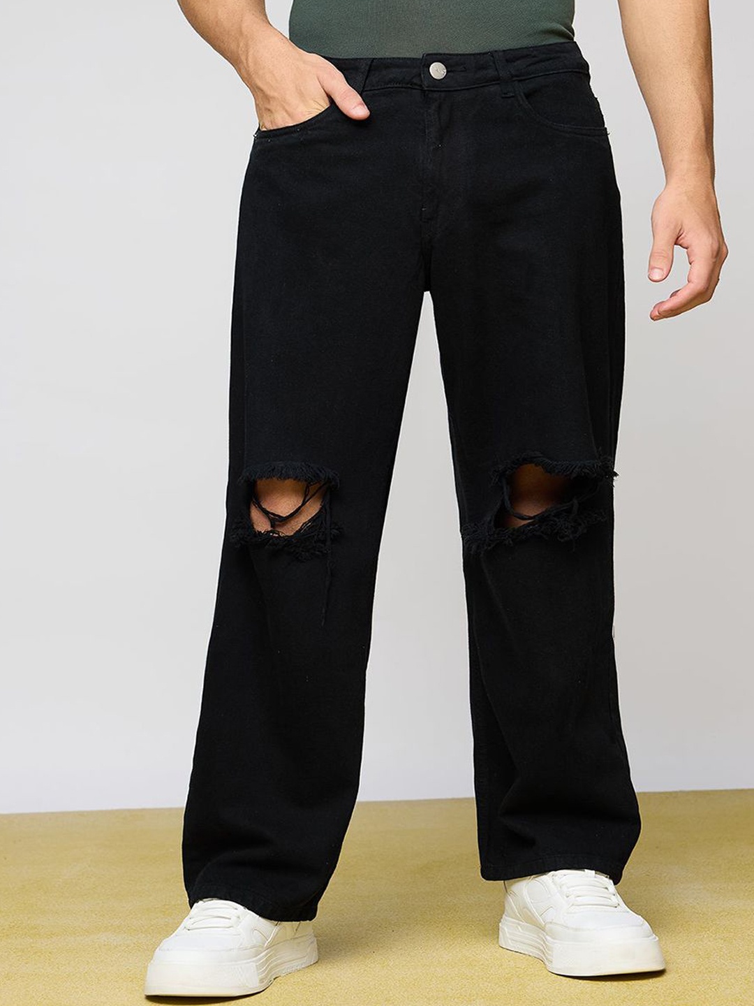 

Xee Men Classic Relaxed Fit Slash Knee Stretchable Jeans, Black