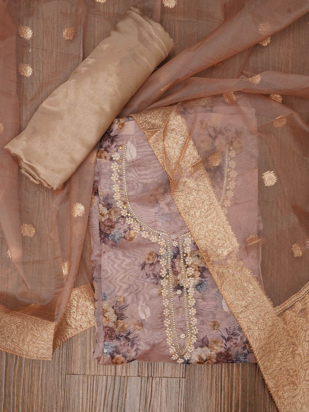 

Jaipur Kurti Embellished Floral Printed Organza Dress Material with Dupatta, Beige