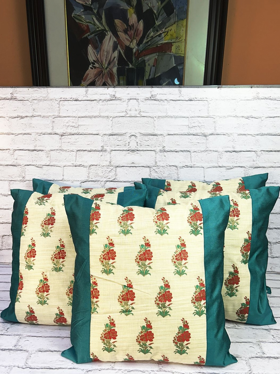 

Pink Parrot White & Blue 5 Pieces Ethnic Motifs Square Cushion Covers