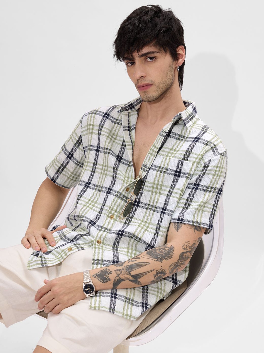 

The Souled Store Men Spread Collar Tartan Checked Cotton Casual Shirt, White