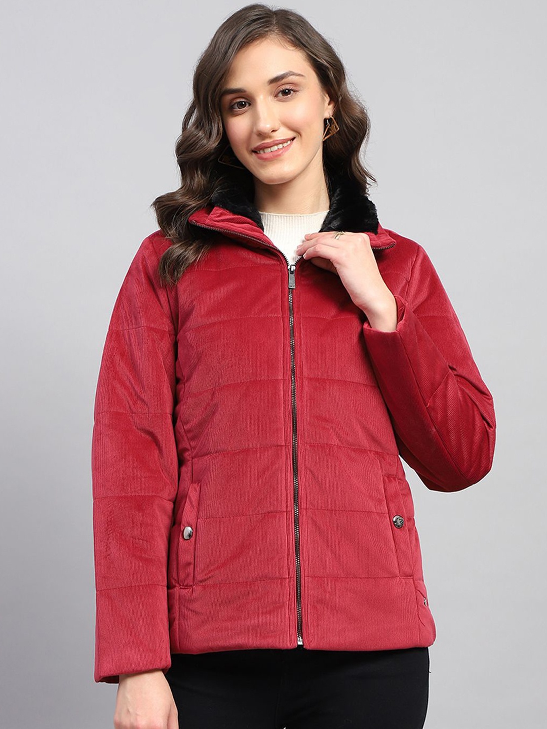 

Monte Carlo Women Solid Mock Collar Padded Jacket, Pink