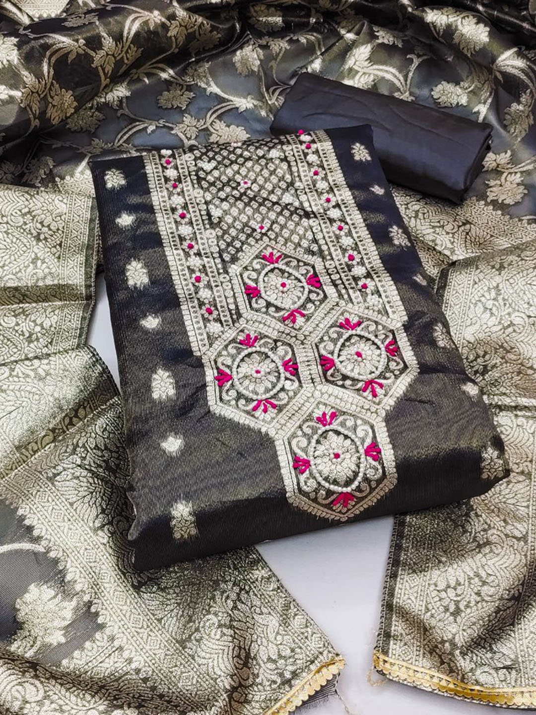 

ASISA Ethnic Motifs Embroidered Beads & Stones Art Silk Unstitched Dress Material, Black