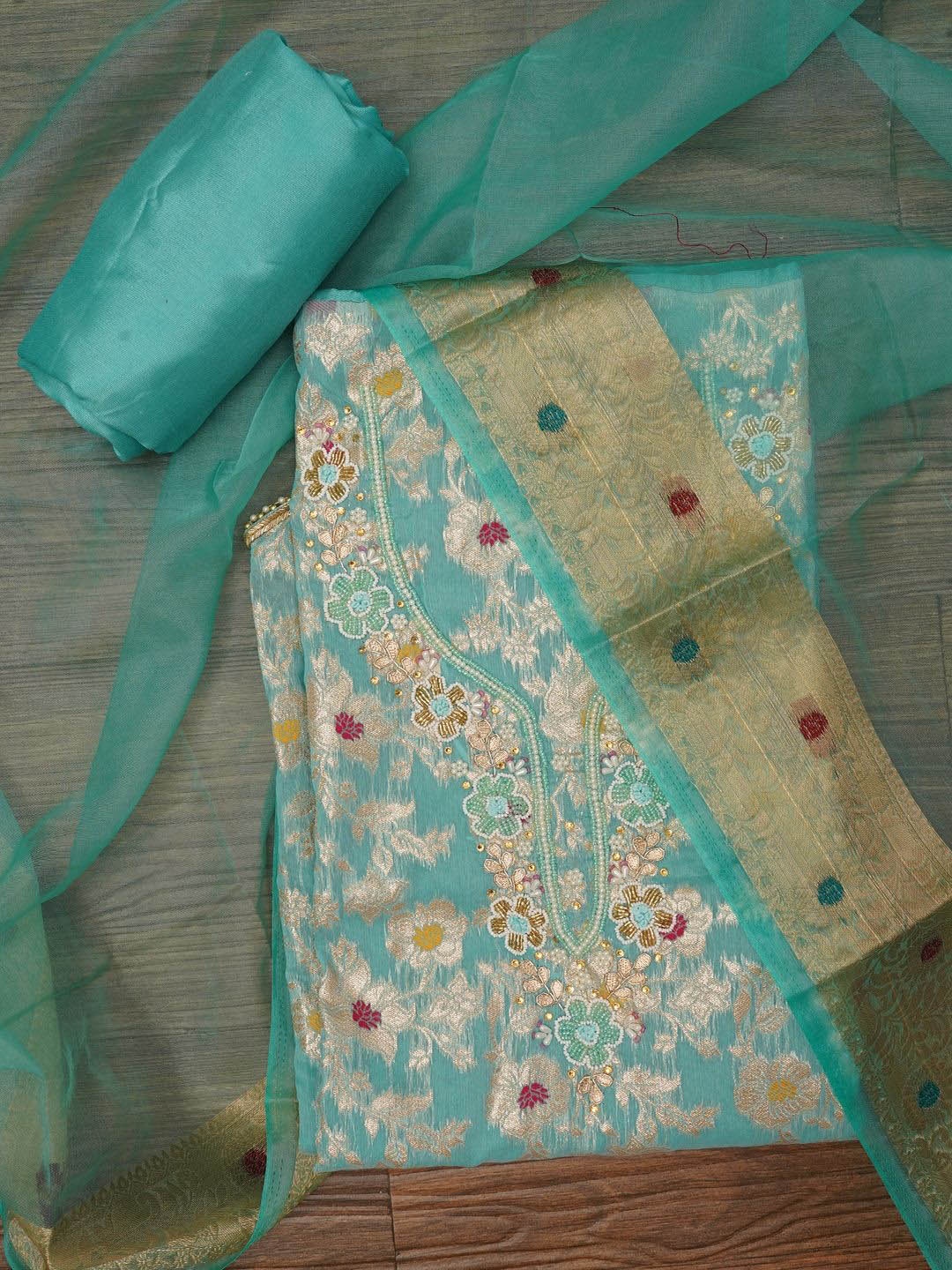 

Jaipur Kurti Zari Brocade Cotton Dress Material with Dupatta, Sea green