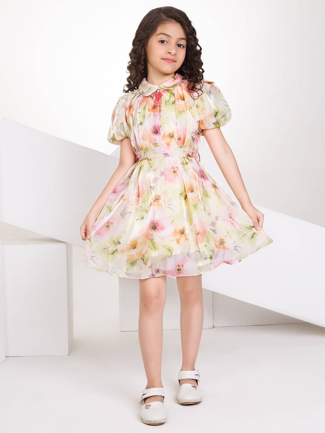 

Peppermint Girls Floral Printed Peter Pan Collar Fit and Flare Dress, Yellow