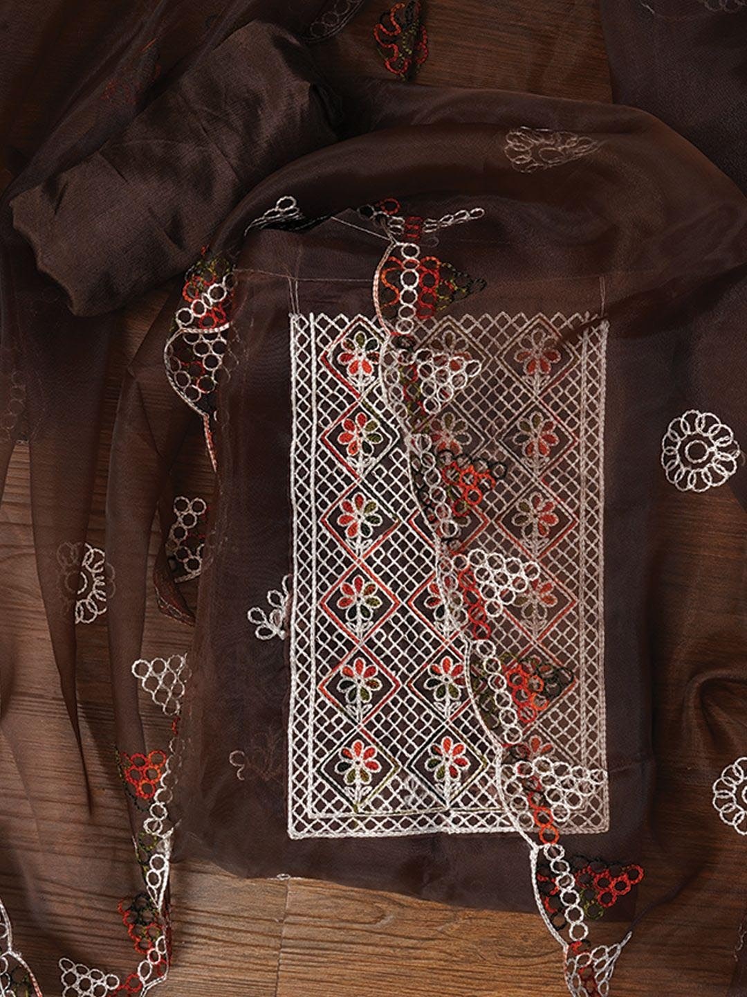 

Jaipur Kurti Zari Embroidered Organza Dress Material with Dupatta, Brown