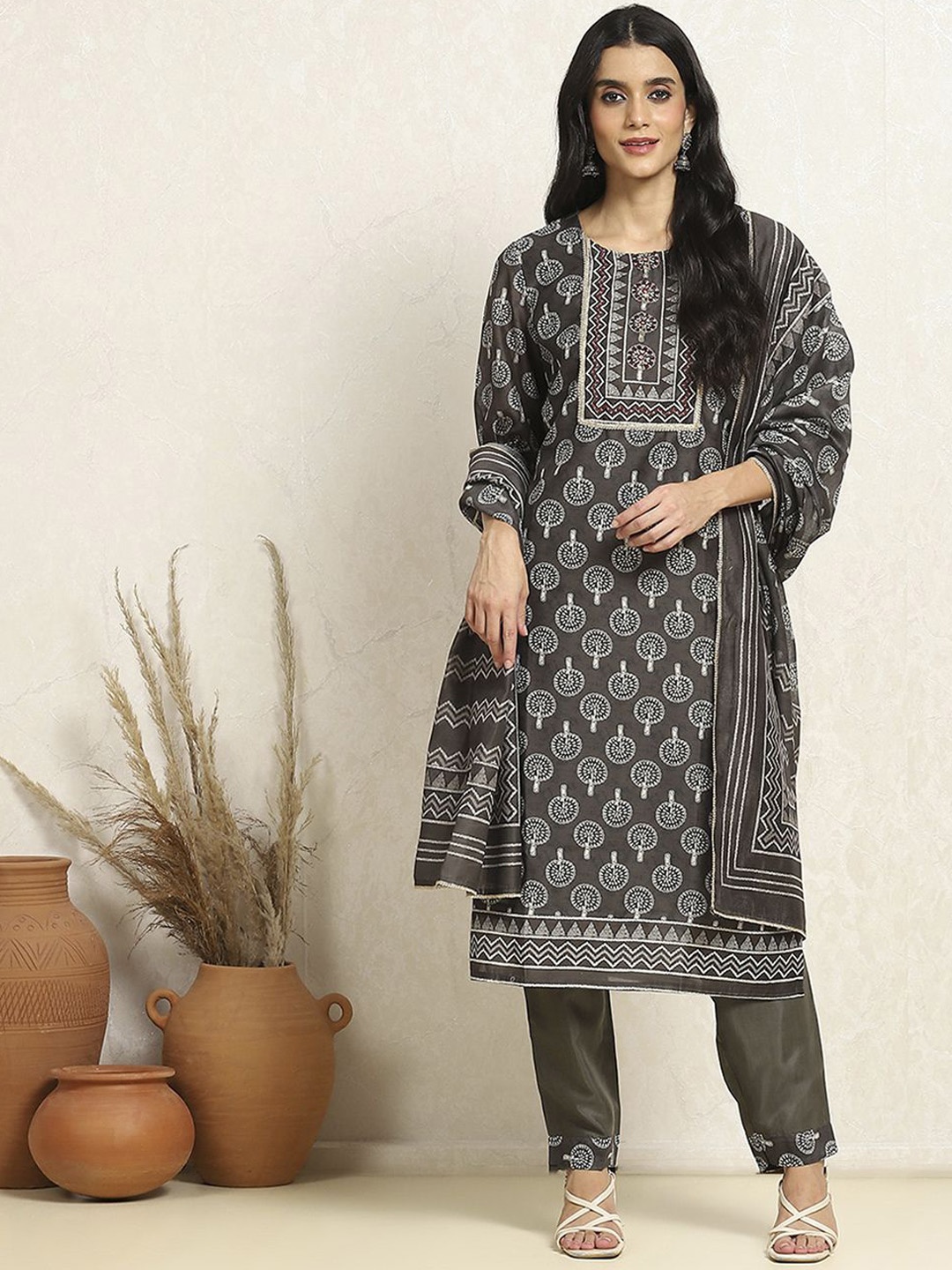 

Biba Floral printed Mirror Work Unstitched Dress Material, Olive