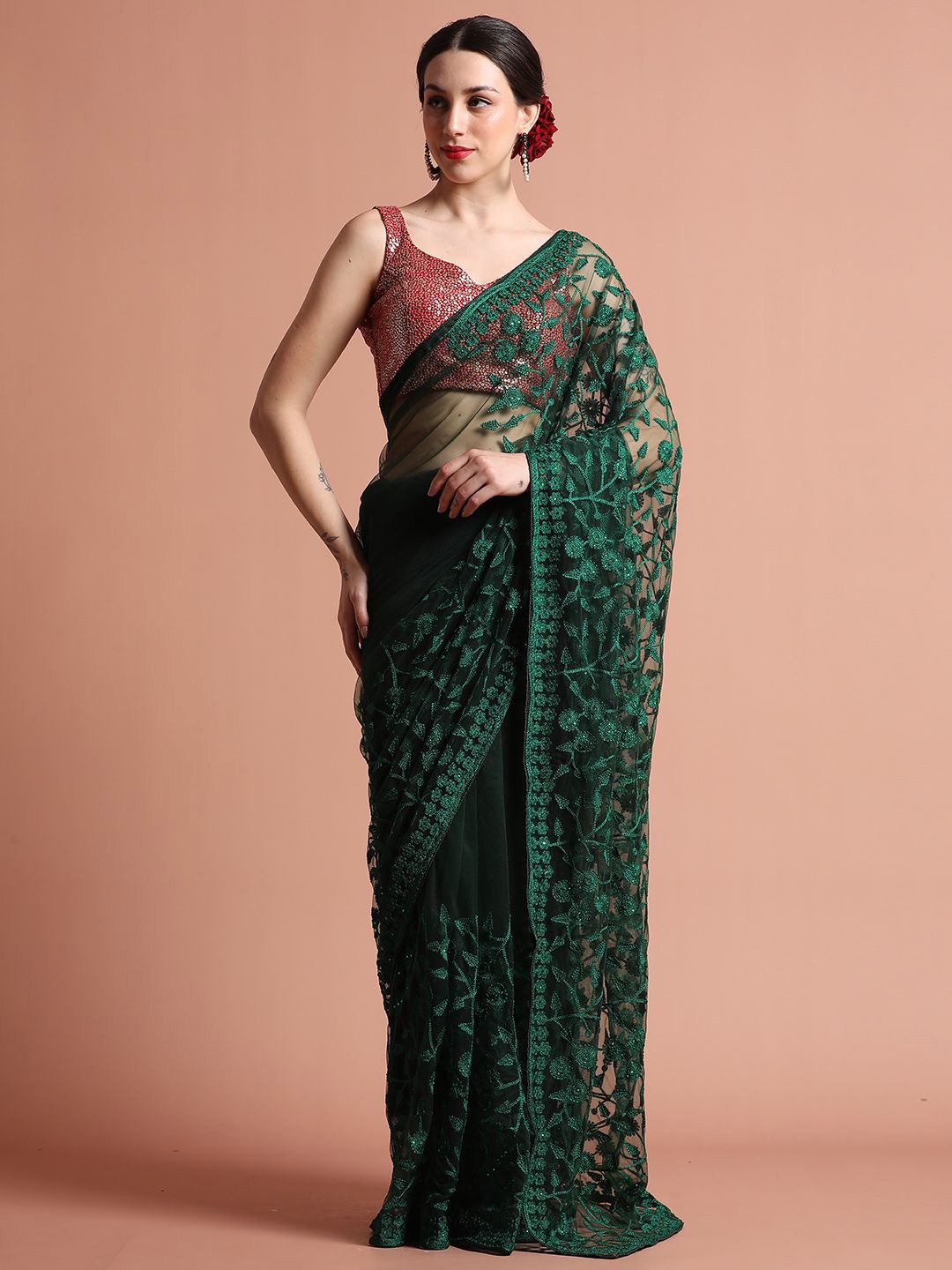 

Jaipur Kurti Party Wear Floral Embroidered Net Saree, Green