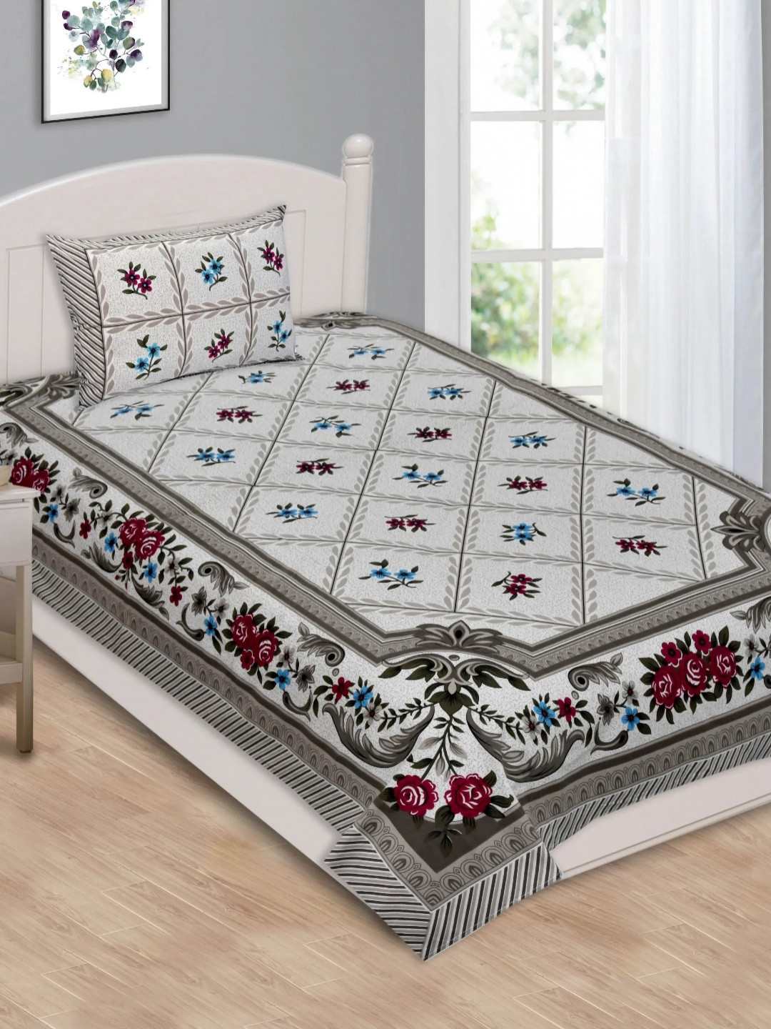 

LIVING ROOTS Grey & Blue Ethnic Motifs Cotton 144 TC Single Bedsheet with 1 Pillow Covers