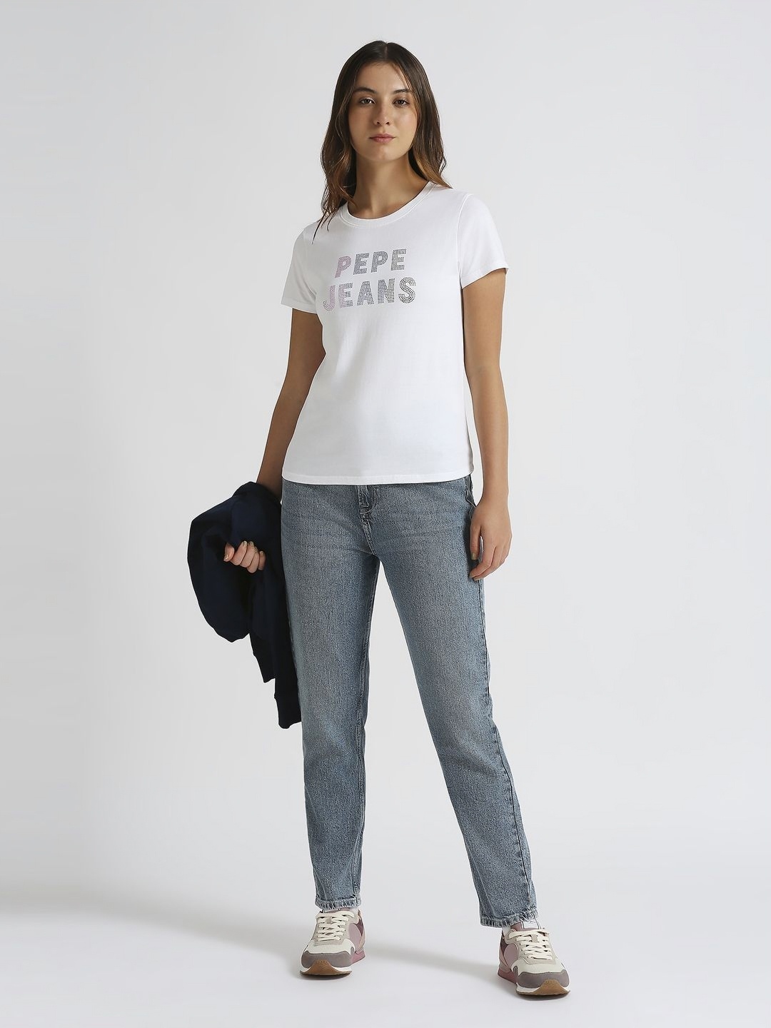 

Pepe Jeans Women Typography Printed Round Neck Pure Cotton T-shirt, White