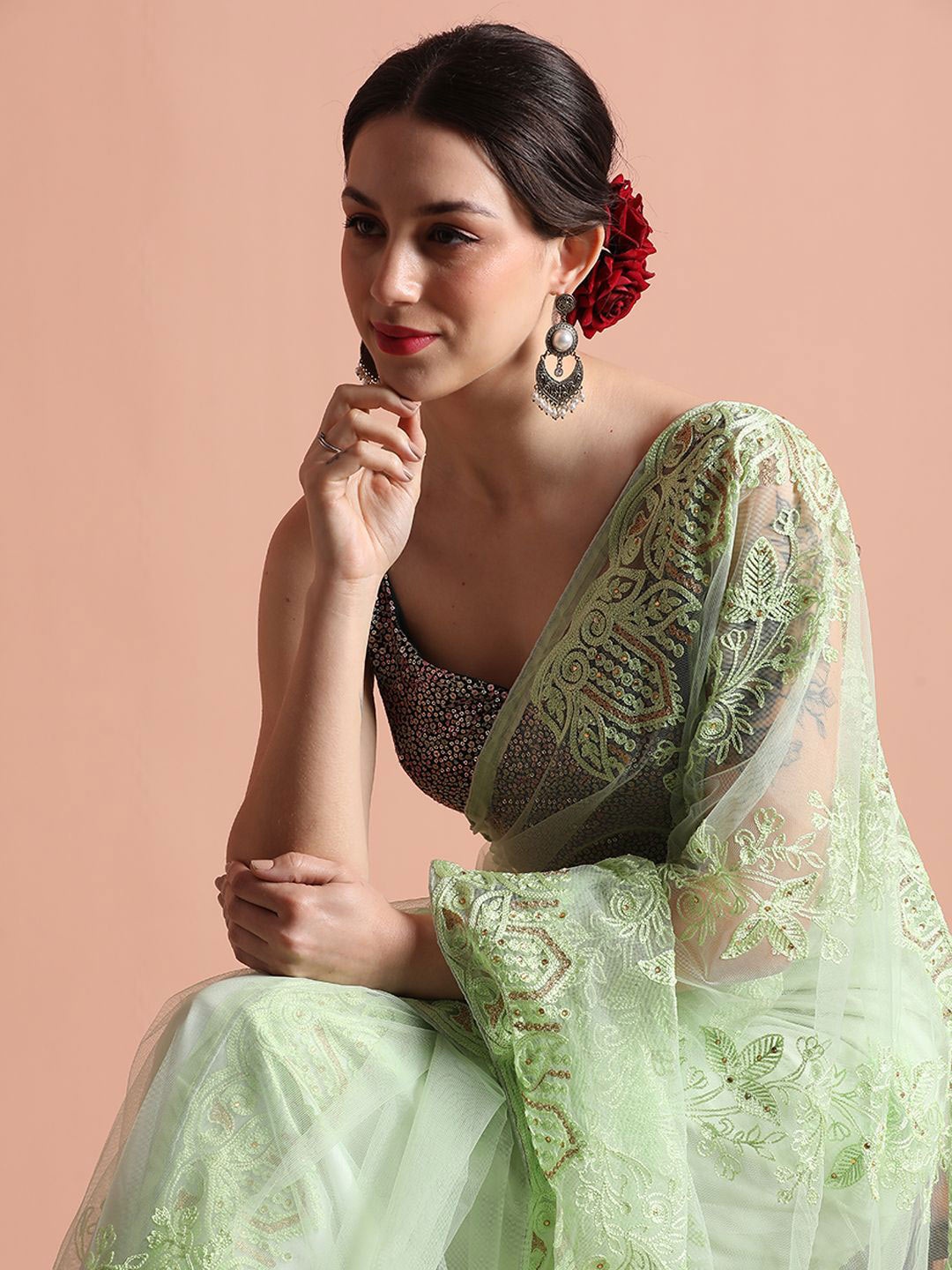 

Jaipur Kurti Embroidered Net Party Wear Saree, Green
