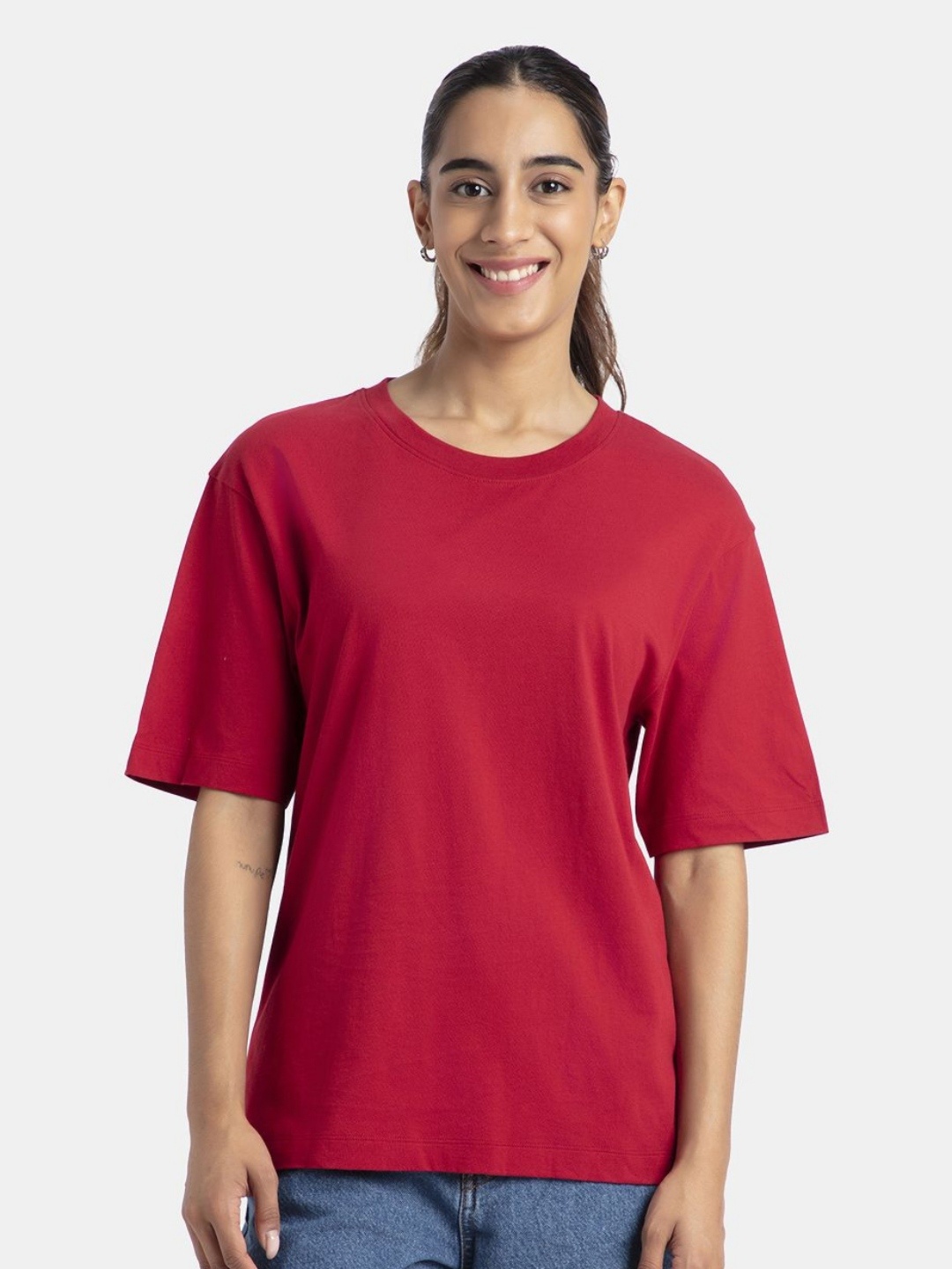 

Jockey Super Combed Cotton Solid Oversized T-shirt with Drop Shoulder Styling -A156, Red