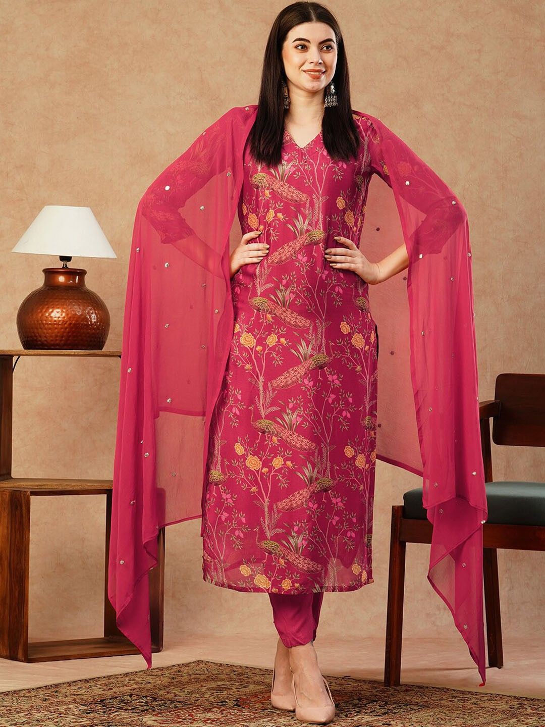 

Anni Designer Floral Printed Regular Straight Kurta with Trousers & Dupatta, Red
