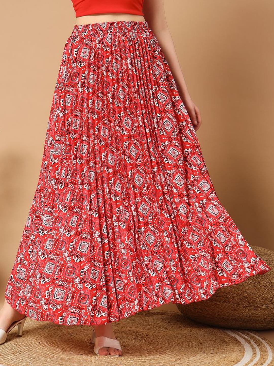 

OTABU Women Printed A-line Maxi Skirts, Red