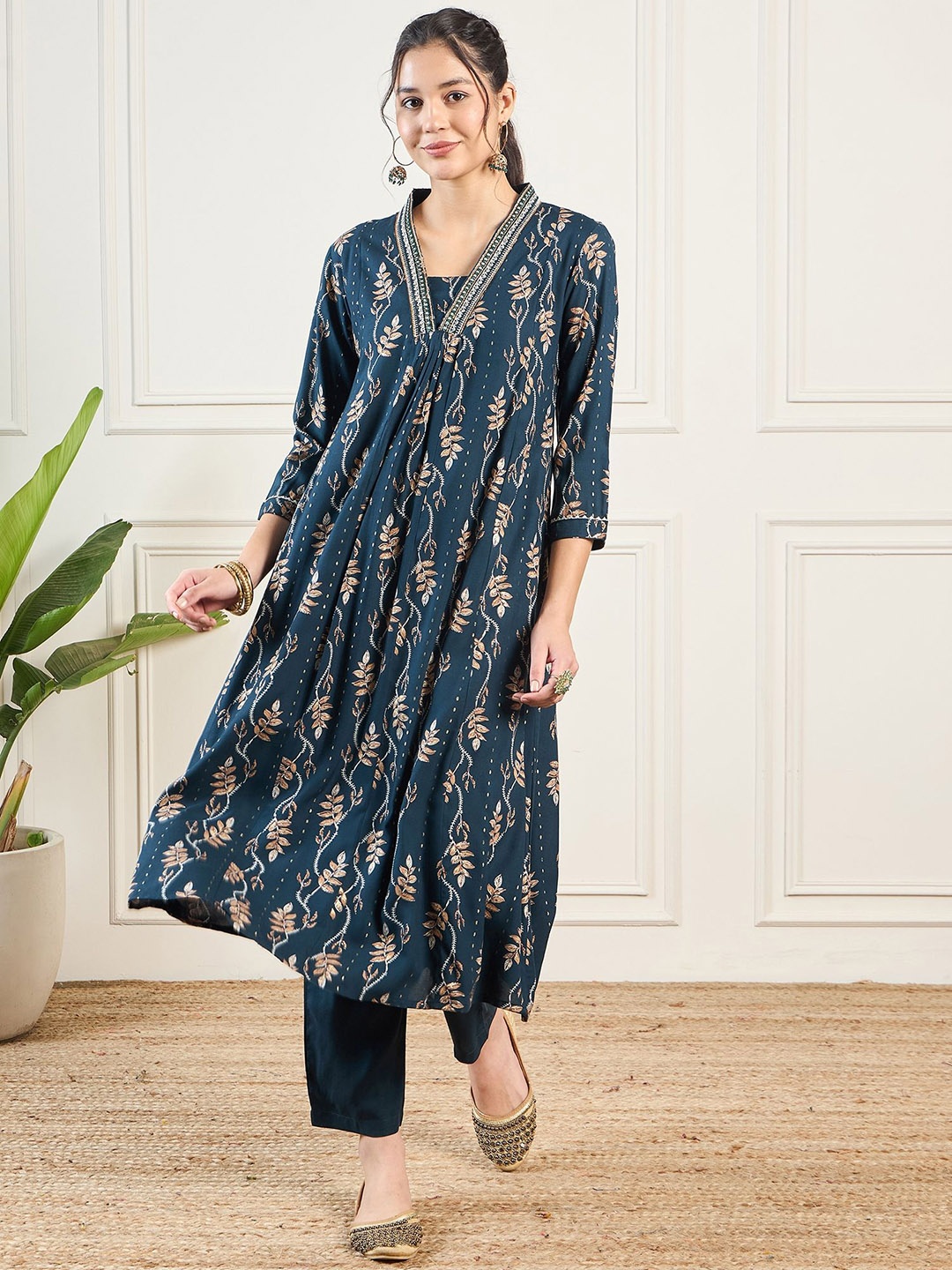 

KALINI Floral Printed Regular Thread Work A-Line Kurta With Trousers, Teal