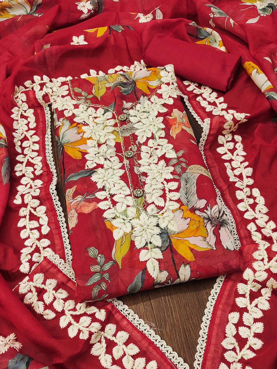 

Maroosh Floral Embroidered Unstitched Dress Material, Red