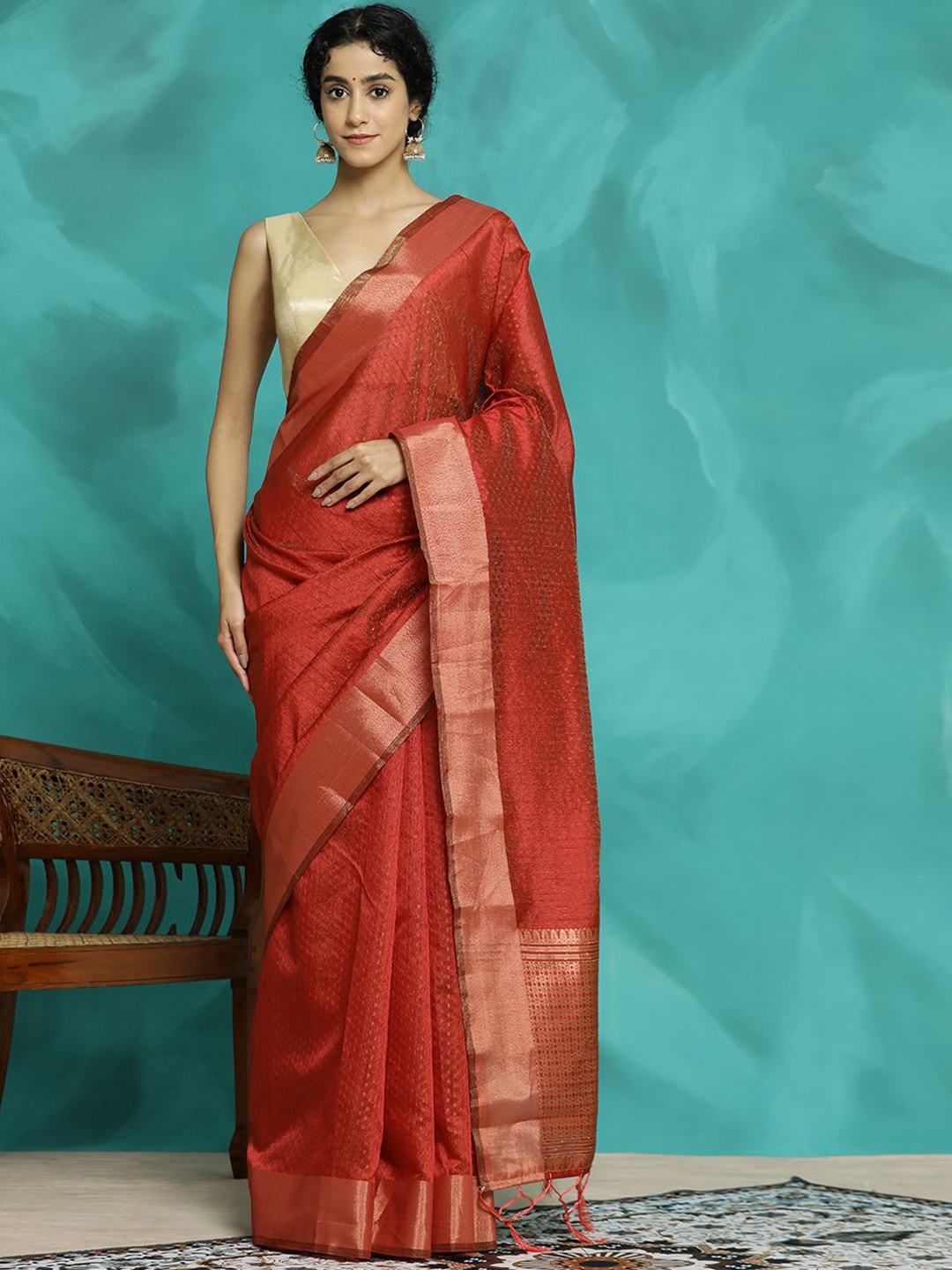 

Jaipur Kurti Zari Woven Banarasi Organza Saree, Red