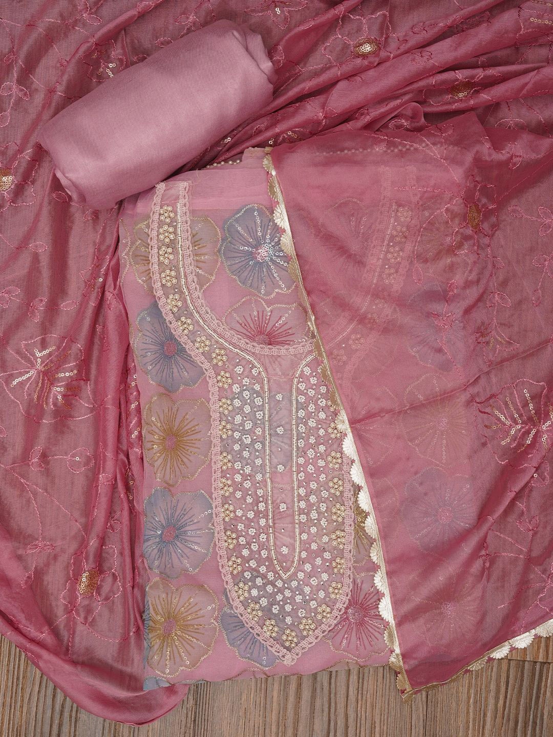 

Jaipur Kurti Floral Sequin Embroidered Organza Dress Material with Dupatta, Pink
