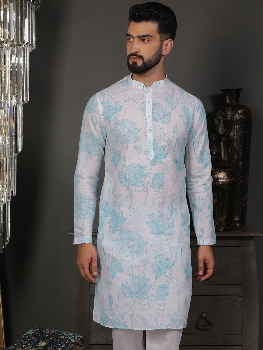 

DEYANN Ethnic Motifs Printed Mandarin Collar Cotton Straight Kurta, Blue