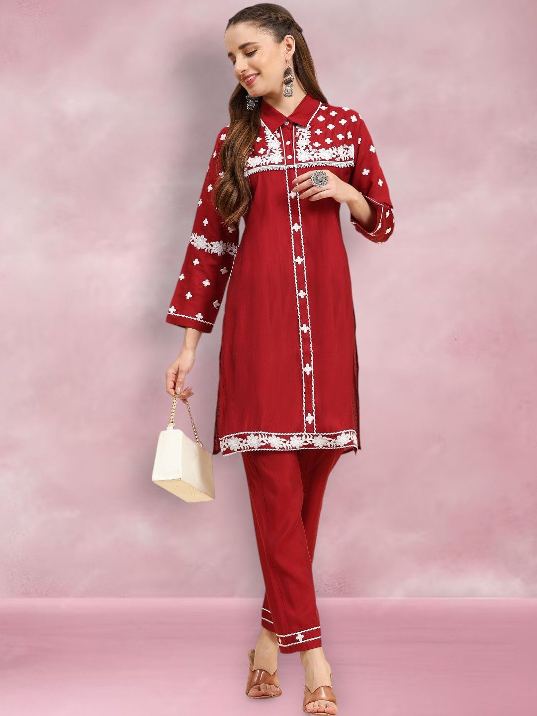 

Growish Floral Embroidered Shirt Collar Top With Trousers, Maroon