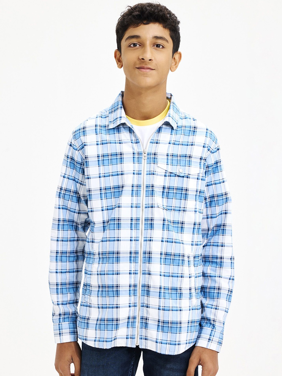 

NO MONDAYS Boys Relaxed Spread Collar Tartan Checked Cotton Casual Shirt, Blue
