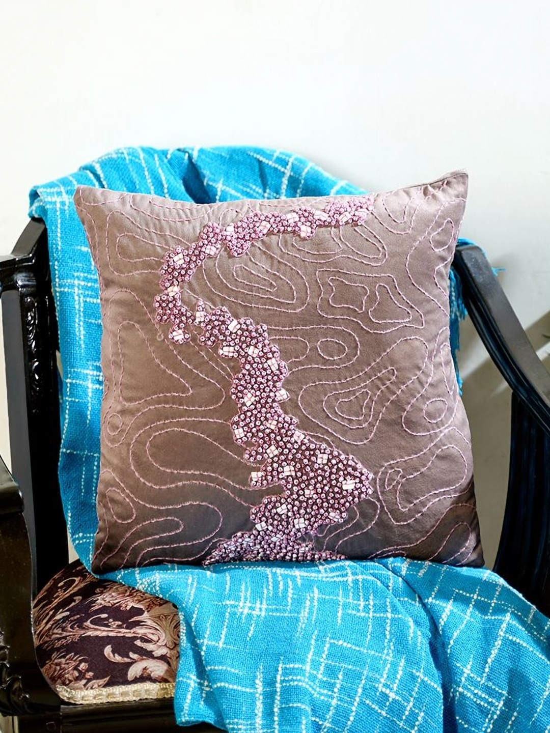 

Mid July Home Beige & Pink Abstract Embroidered Velvet Square Cushion Cover
