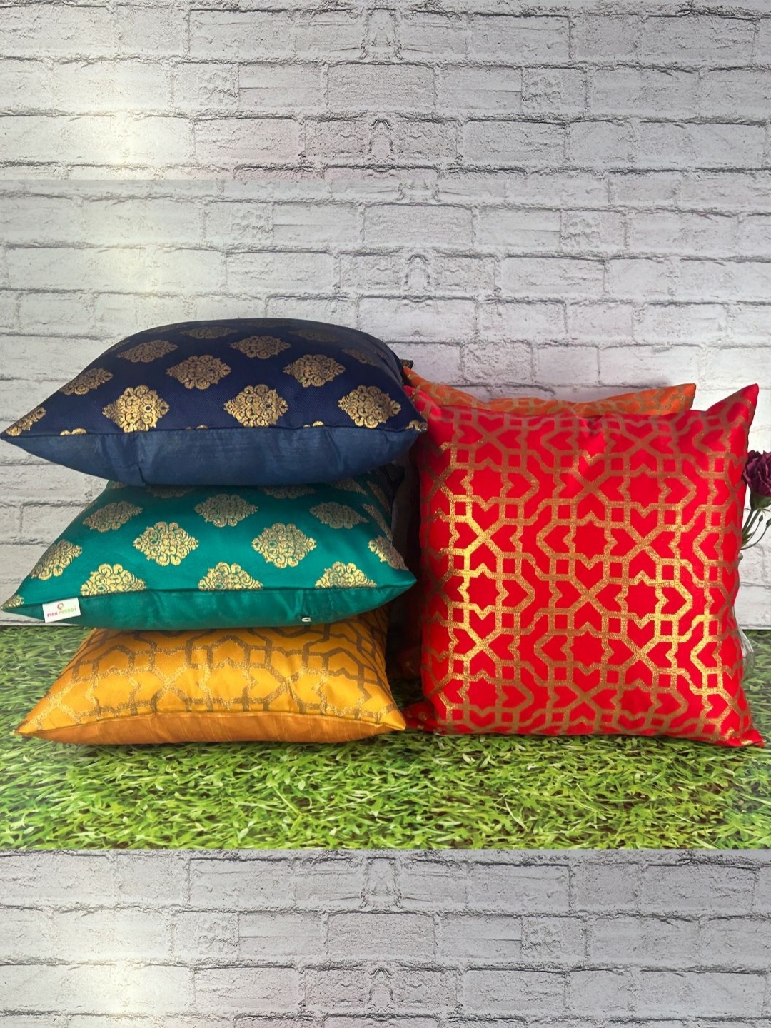 

Pink Parrot Green & Orange Coloured 5 Pieces Ethnic Motifs Printed Square Cushion Covers