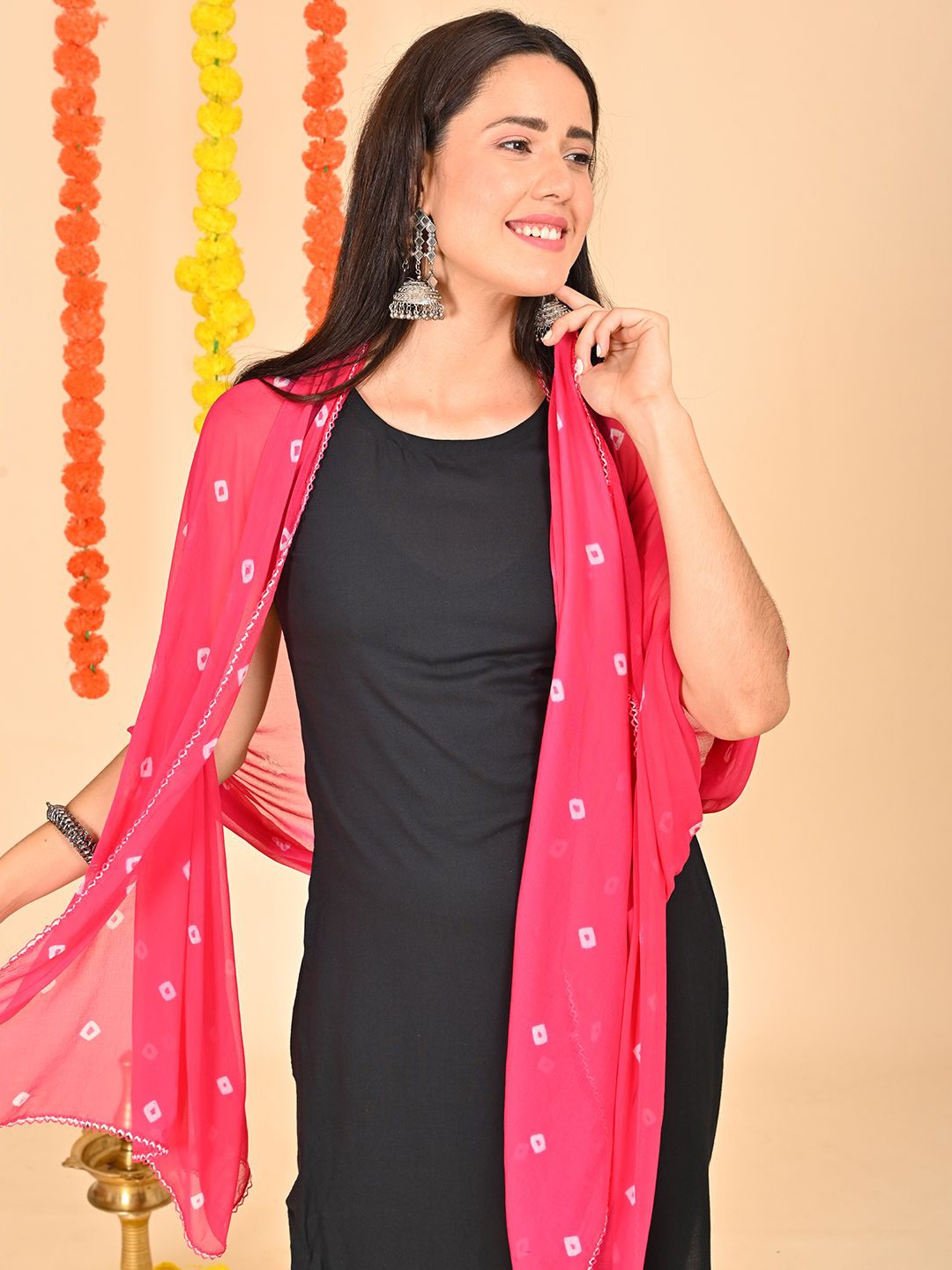 

HELLA FASHIONS Bandhani Printed Chiffon Dupatta, Fuchsia