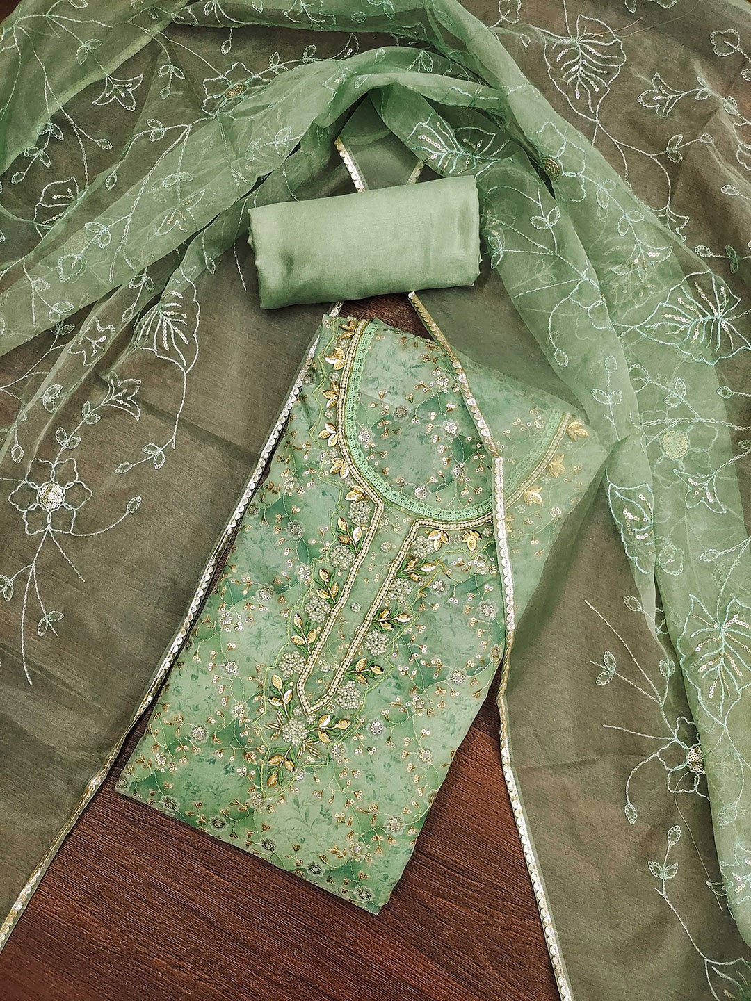 

KALINI Floral Embellished Beads and Stones Detail Organza Unstitched Dress Material, Green
