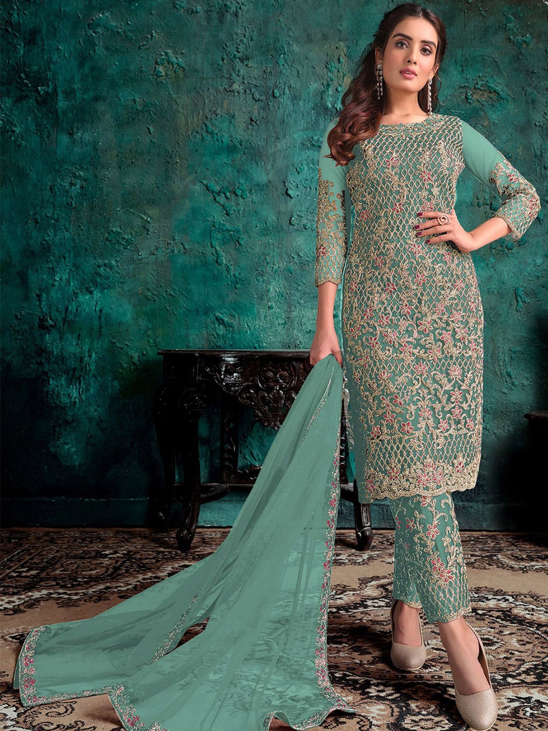 

ODETTE Floral Embroidered Net Semi Stitched Dress Material, Green