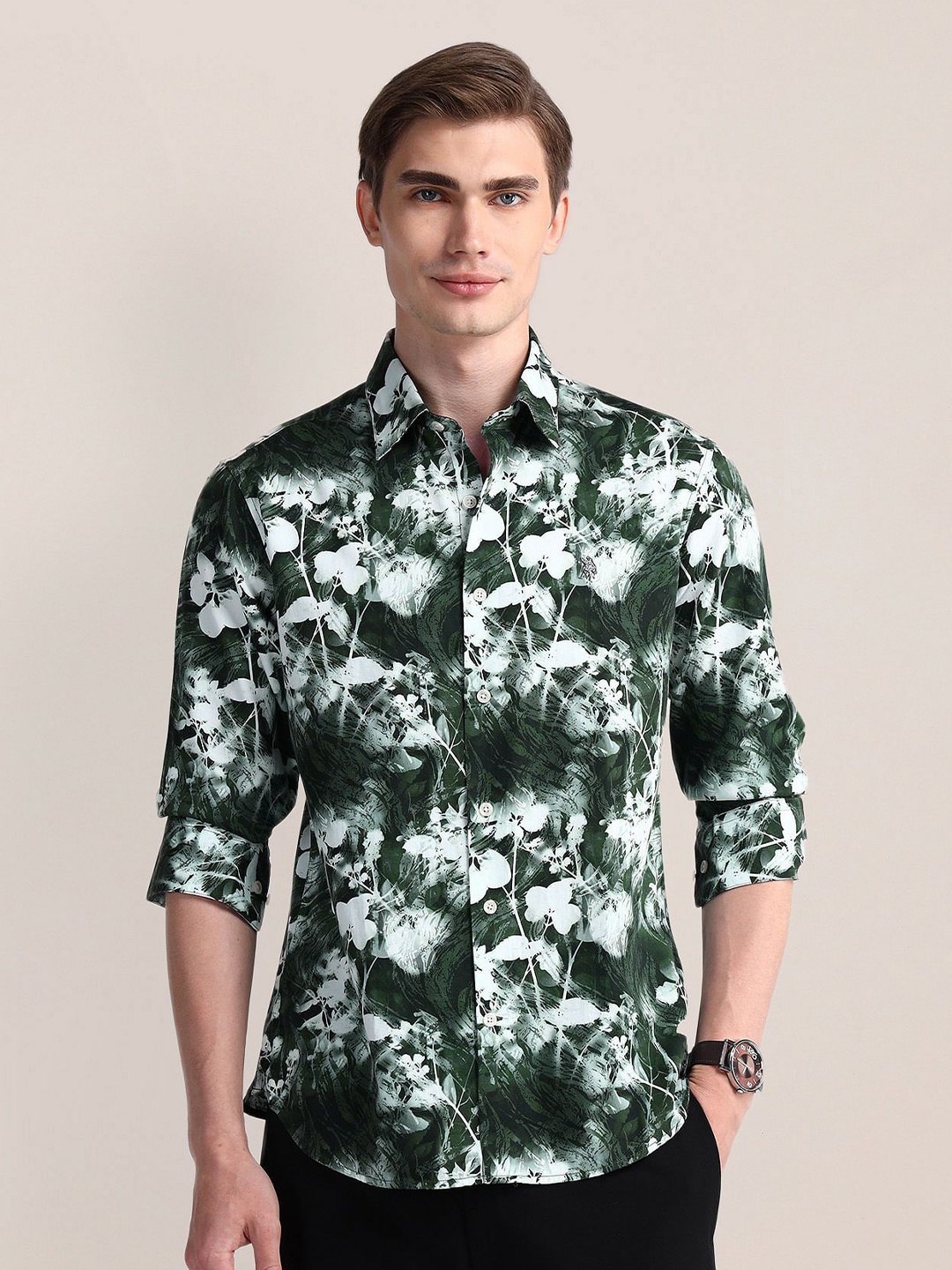 

U.S. Polo Assn. Men Classic Spread Collar Floral Printed Cotton Casual Shirt, Green