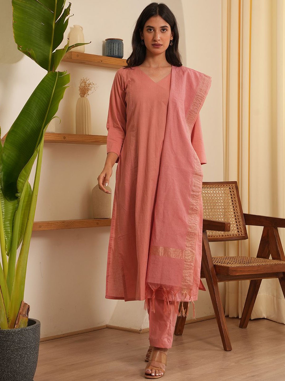

OneWe Gia Regular V-Neck Pure Cotton Straight Kurta With Trousers & Dupatta, Peach
