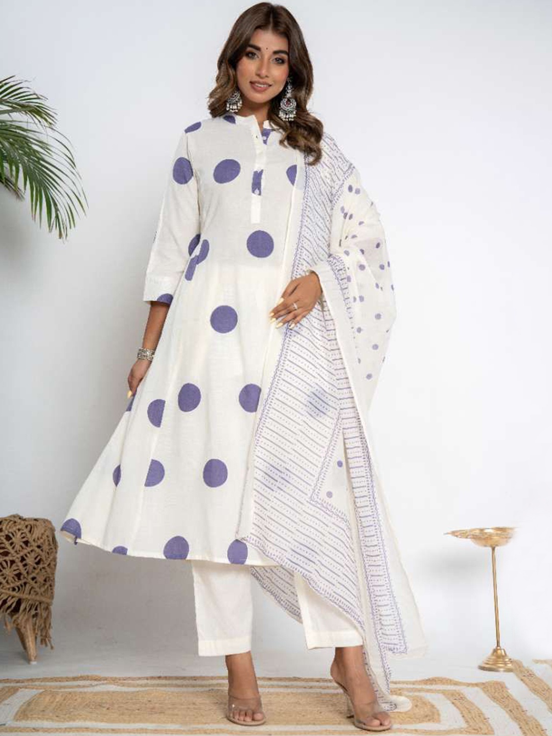 

DIZON Geometric Printed Mandarin Collar Pure Cotton Anarkali Kurta With Trousers & Dupatta, Purple