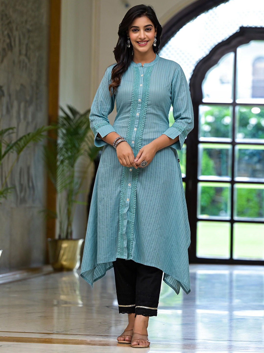

Juniper Striped Mandarin Collar Thread Work A-Line Kurta, Blue