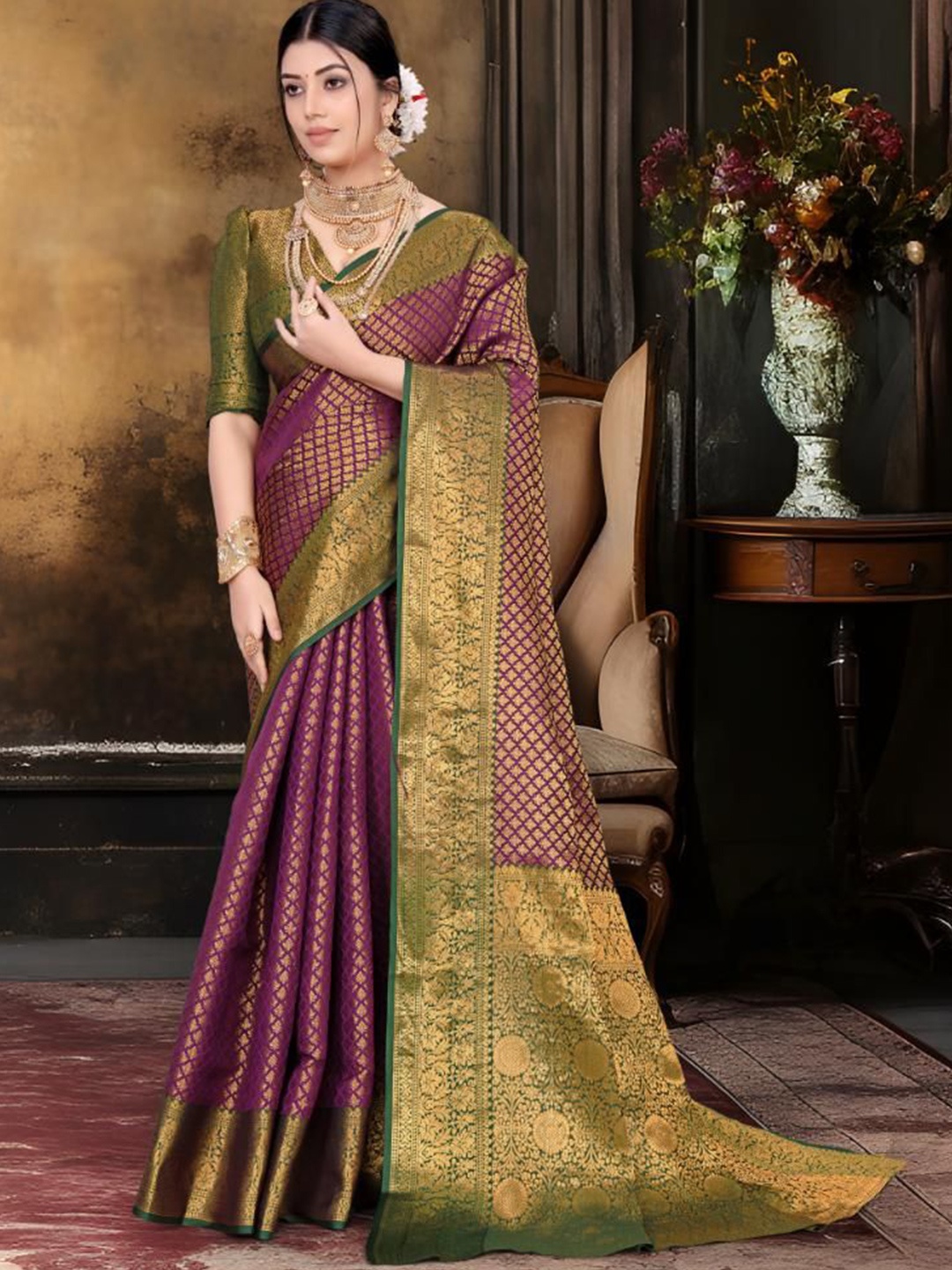 

JAY FASHION Woven Design Zari Silk Blend Heavy Work Kanjeevaram Saree, Burgundy