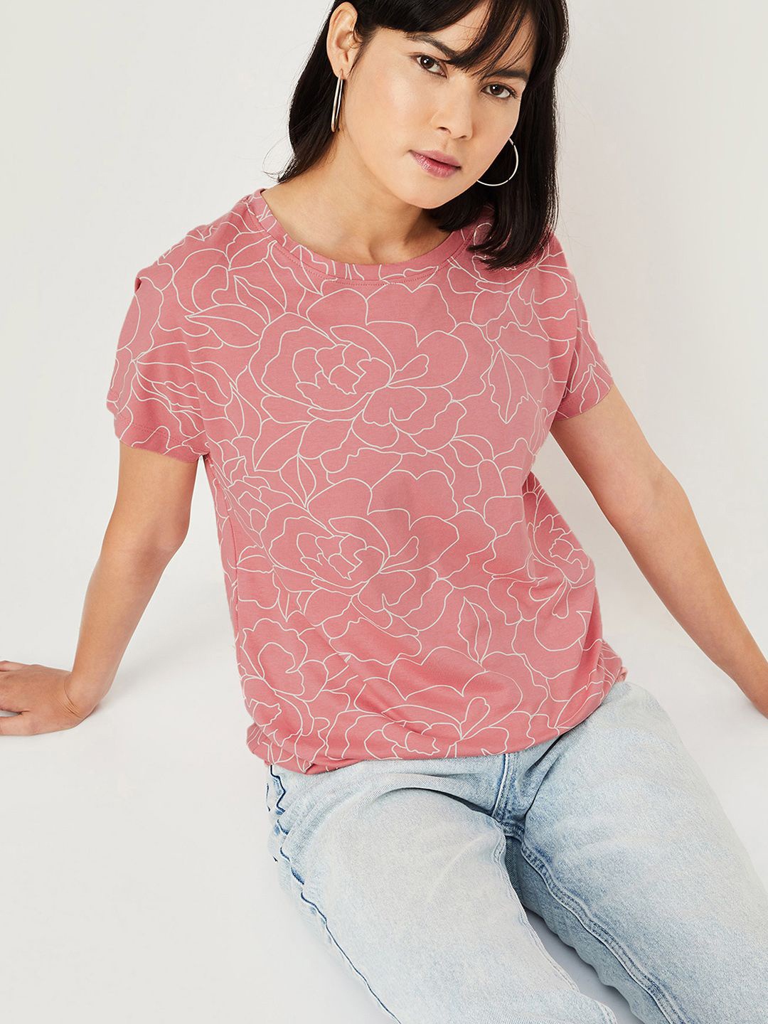 

max Women Floral Printed Round Neck Cotton T-shirt, Pink