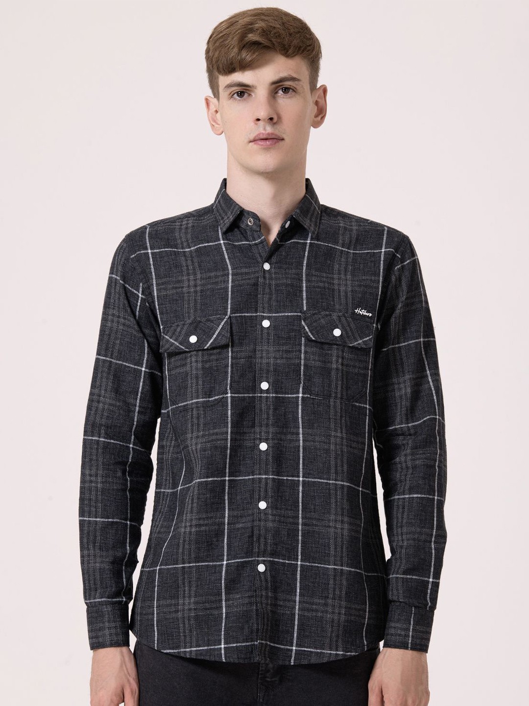 

Albion By CnM Men Spread Collar Checked Casual Shirt, Black