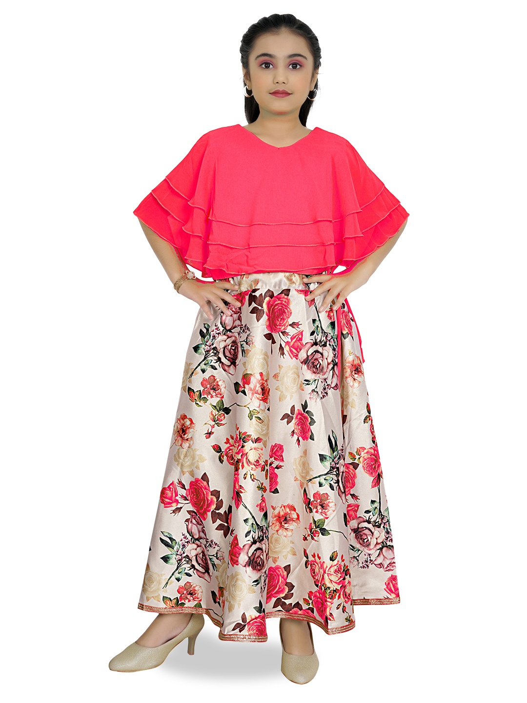 

BAESD Girls Floral Digital Printed Cape Sleeve Fit & Flare Maxi Dress, Red