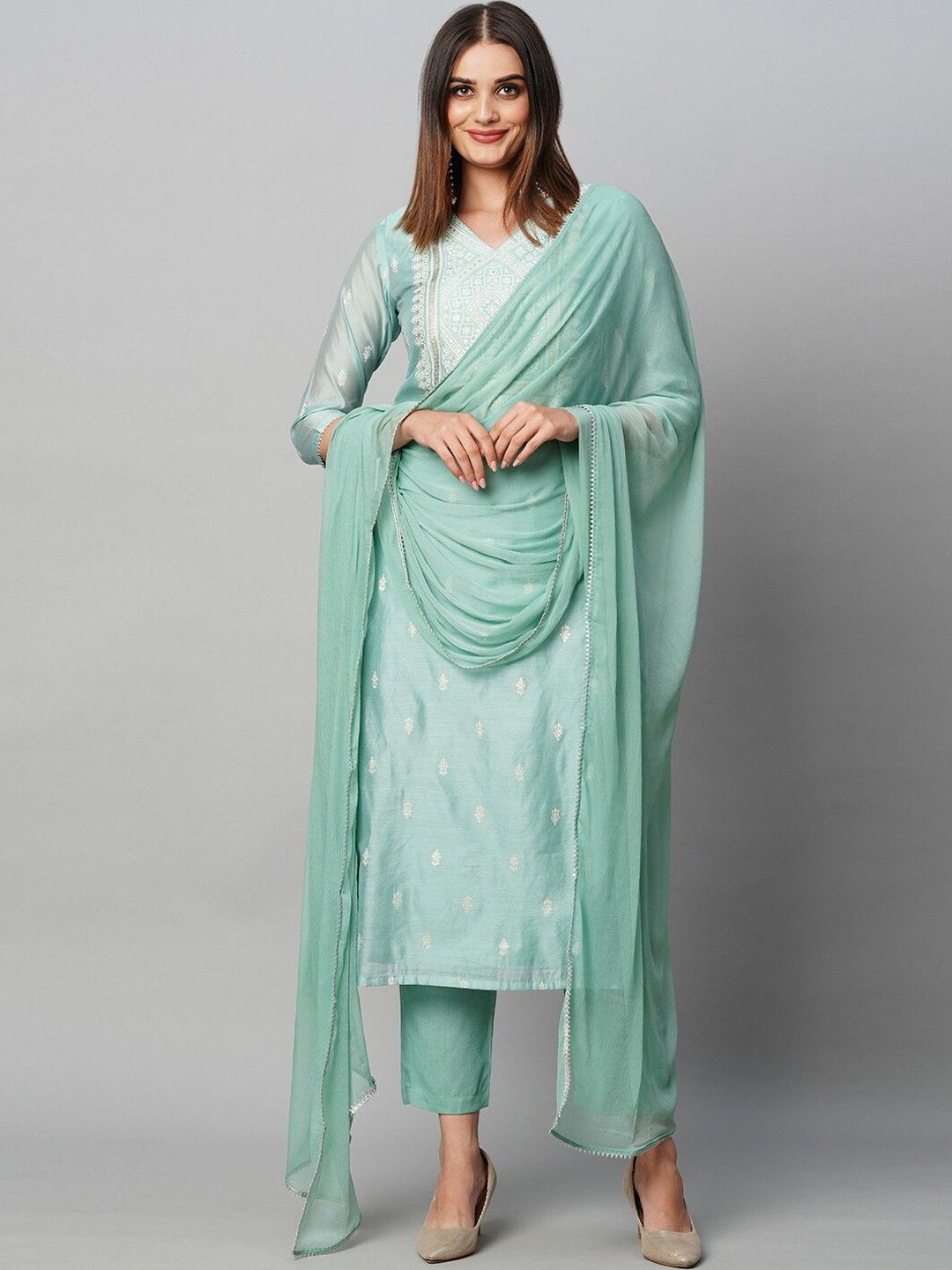 

Anni Designer Floral Embroidered V-Neck Straight Kurta with Trousers & With Dupatta, Green