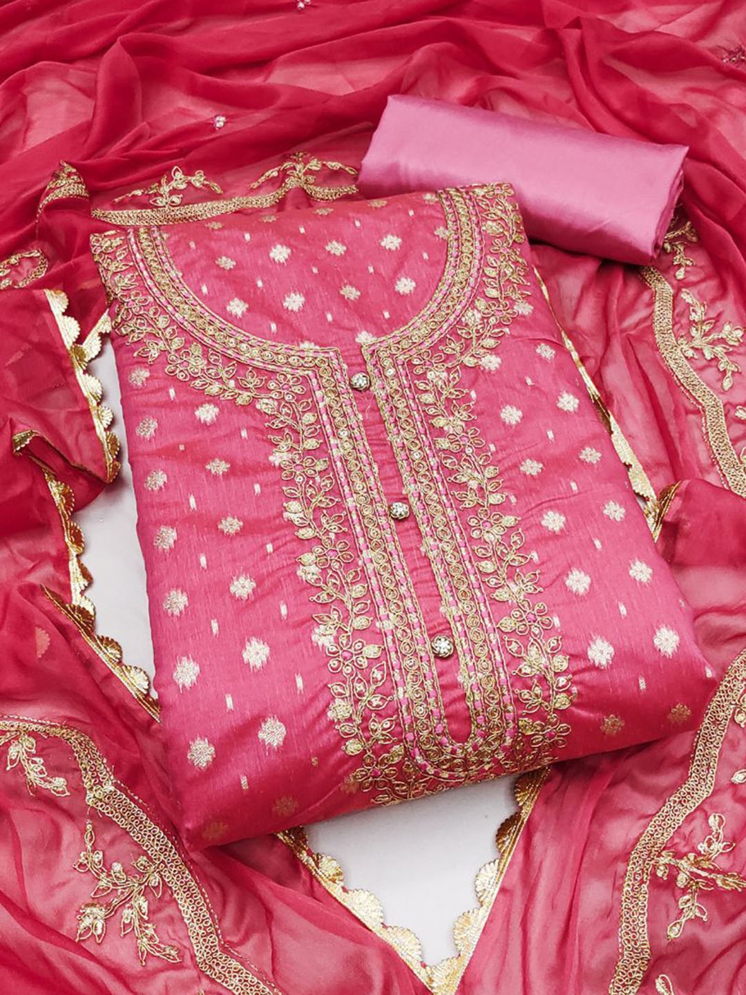 

ASISA Floral Printed Beads & Stones Art Silk Unstitched Dress Material, Pink