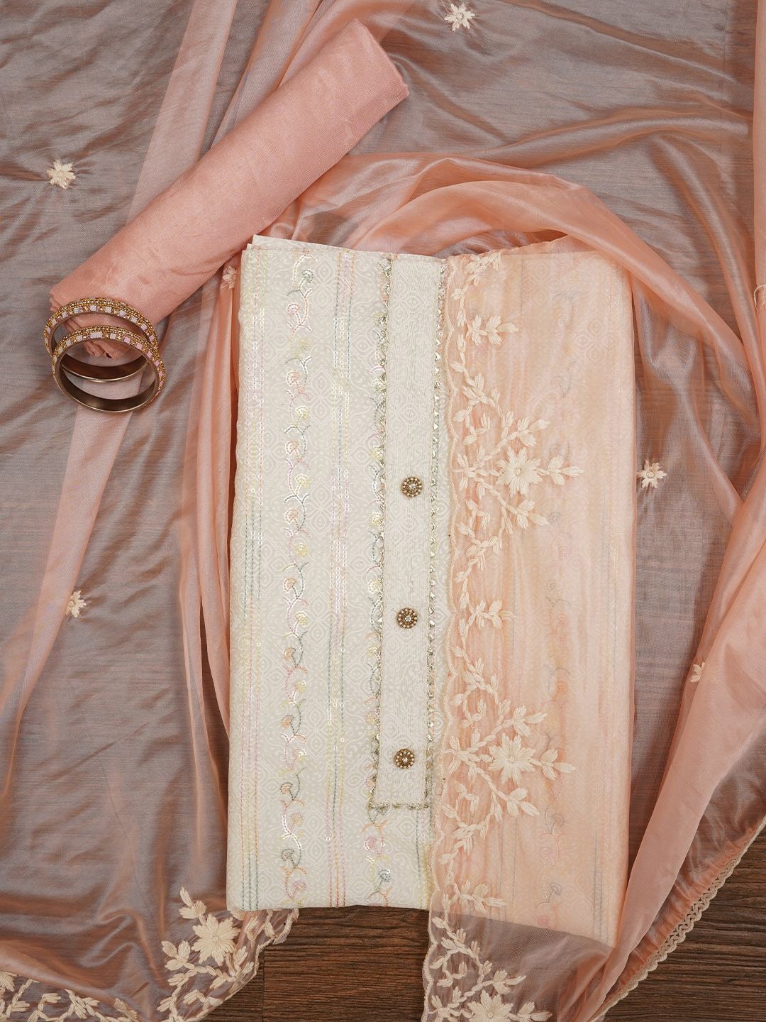 

Jaipur Kurti Sequin Embroidered Silk Blend Dress Material with Dupatta, Off white