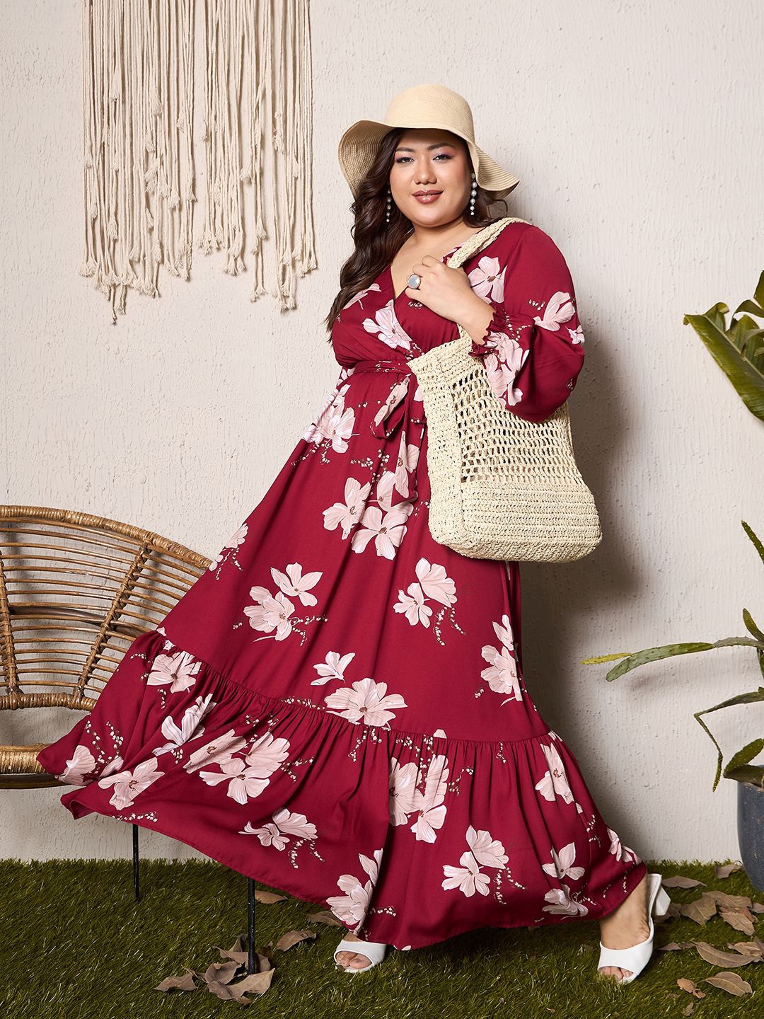 

Berrylush Curve Floral Print Bishop Sleeve Maxi Dress, Maroon