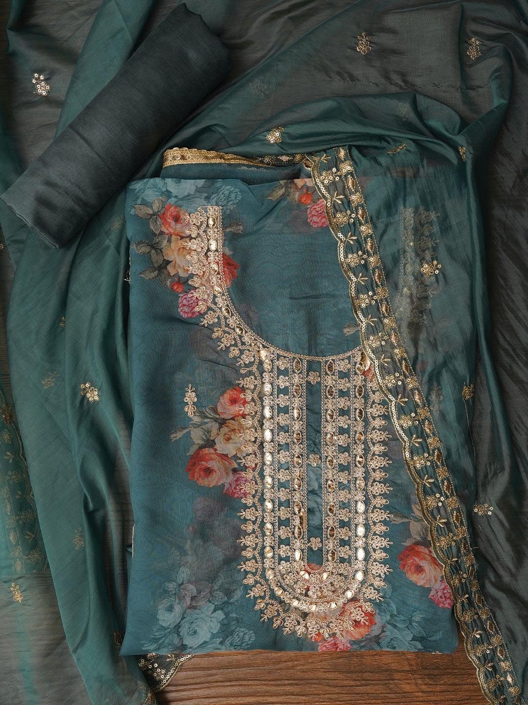

Jaipur Kurti Floral Printed Sequin Embroidered Dress Material with Dupatta, Sea green