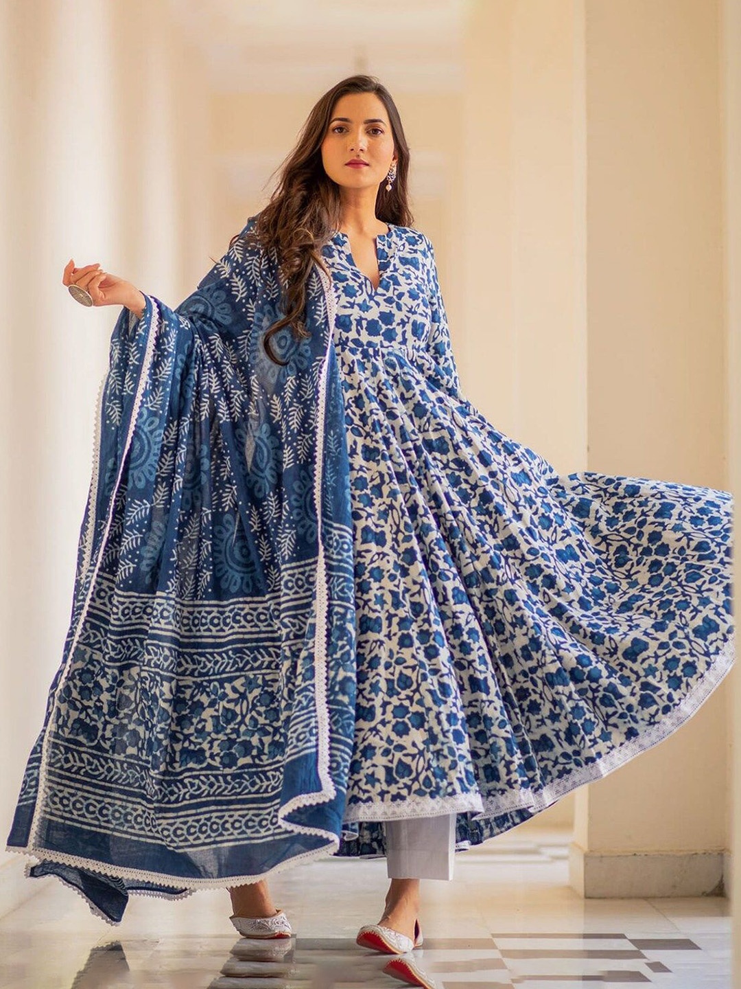 

Anni Designer Floral Printed Regular Anarkali Kurta with Trousers & Dupatta, Blue