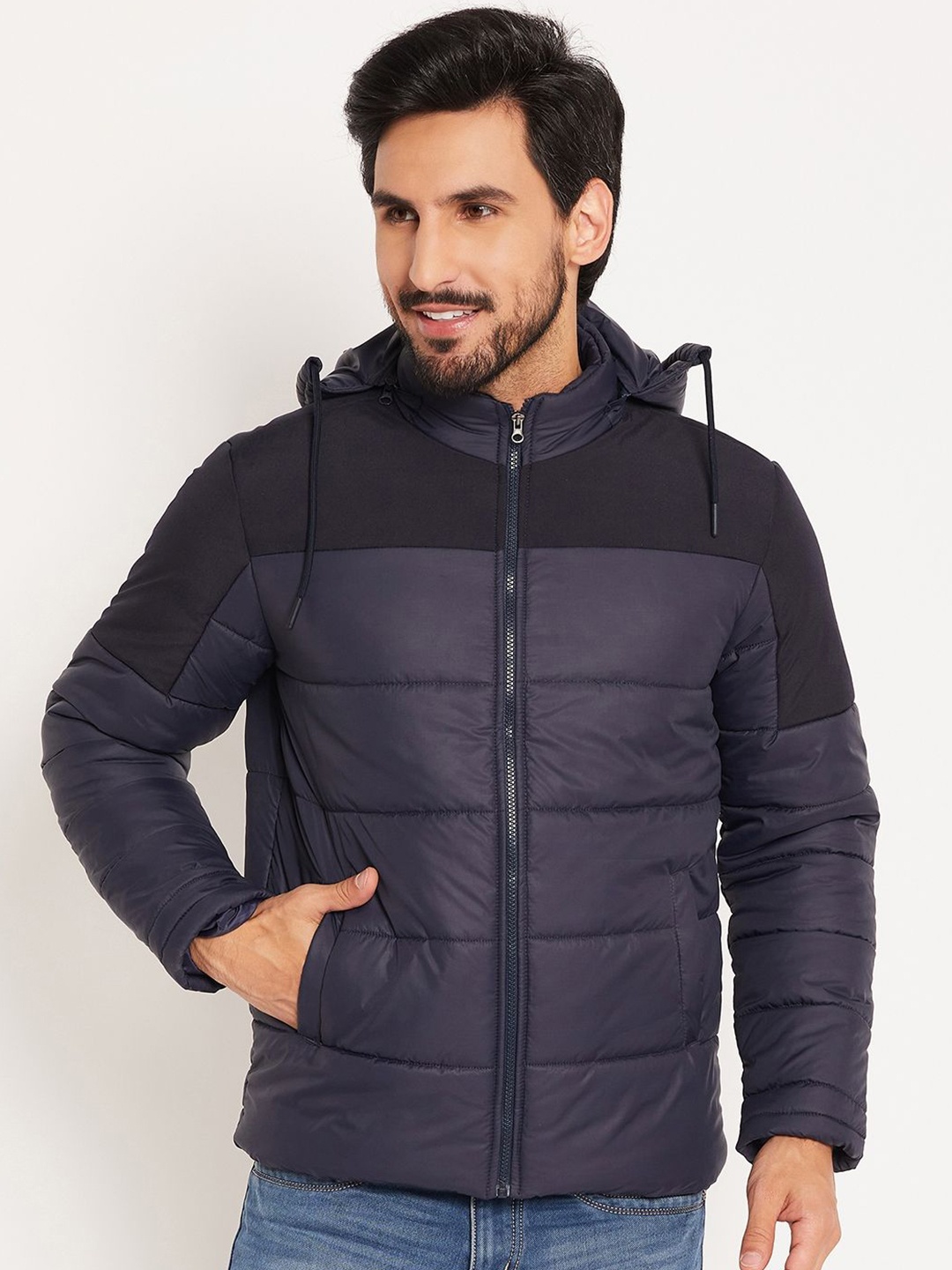 

VERO AMORE Men Colourblocked Quilted Hooded Jacket, Navy blue