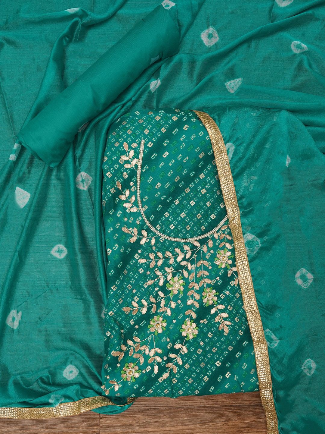 

Jaipur Kurti Unstitched Cotton Bandhani Printed Dress Material With Dupatta, Green