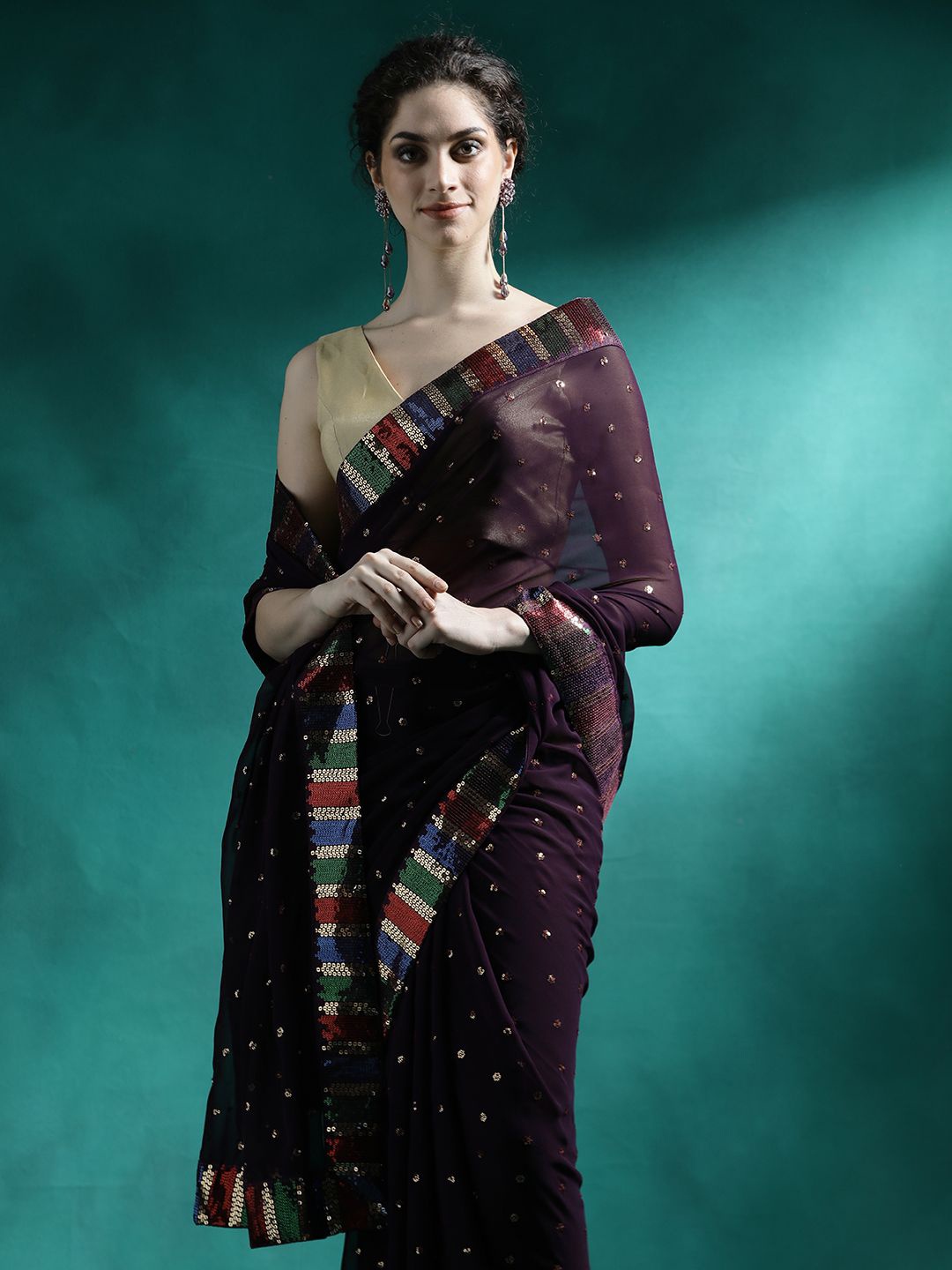 

Sangria Sequence Embroidered Saree With Unstitched Blouse Piece, Brown