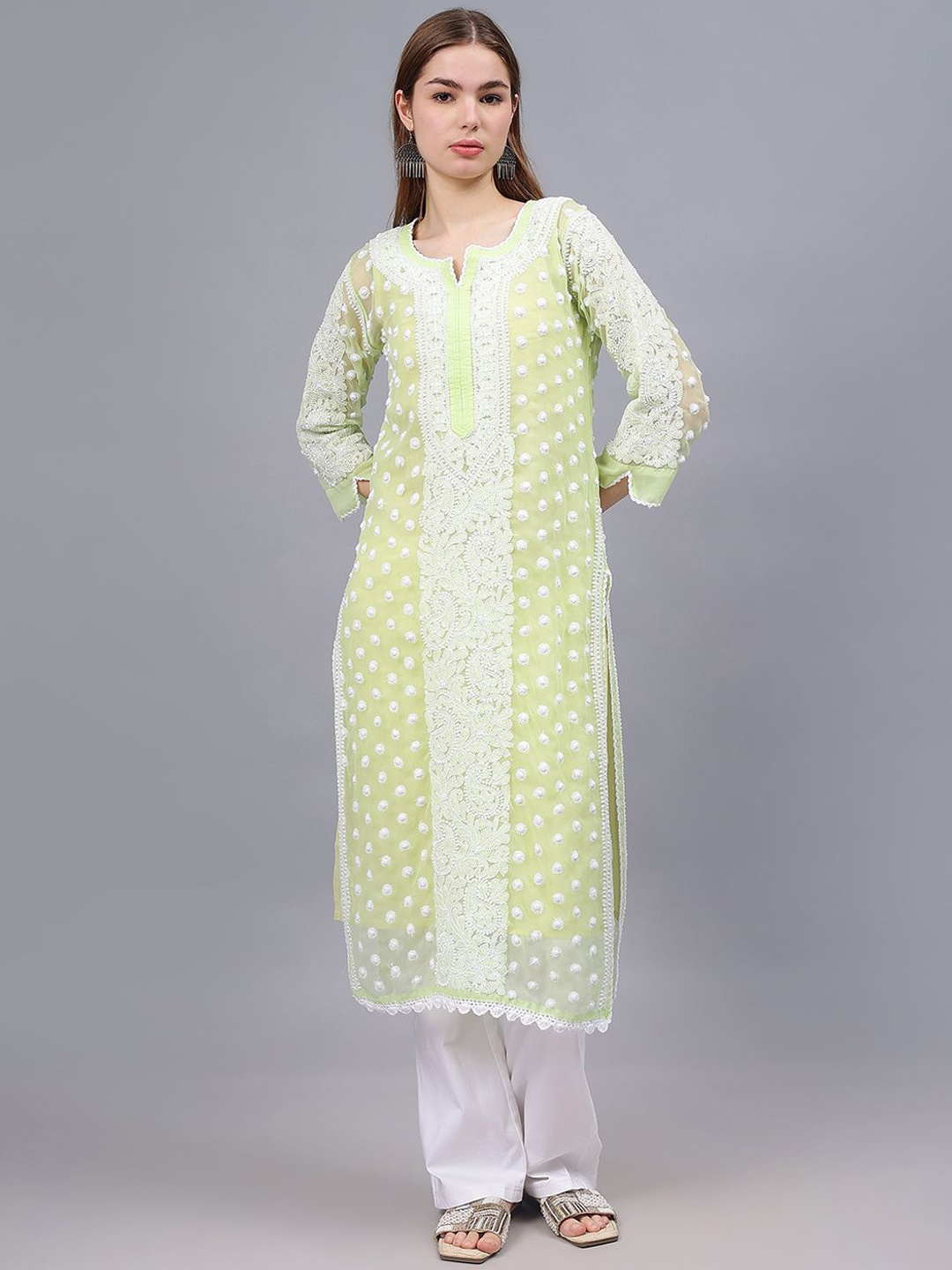 

Seva Chikan Ethnic Motifs Embroidered Chikankari Georgette Kurta, Green