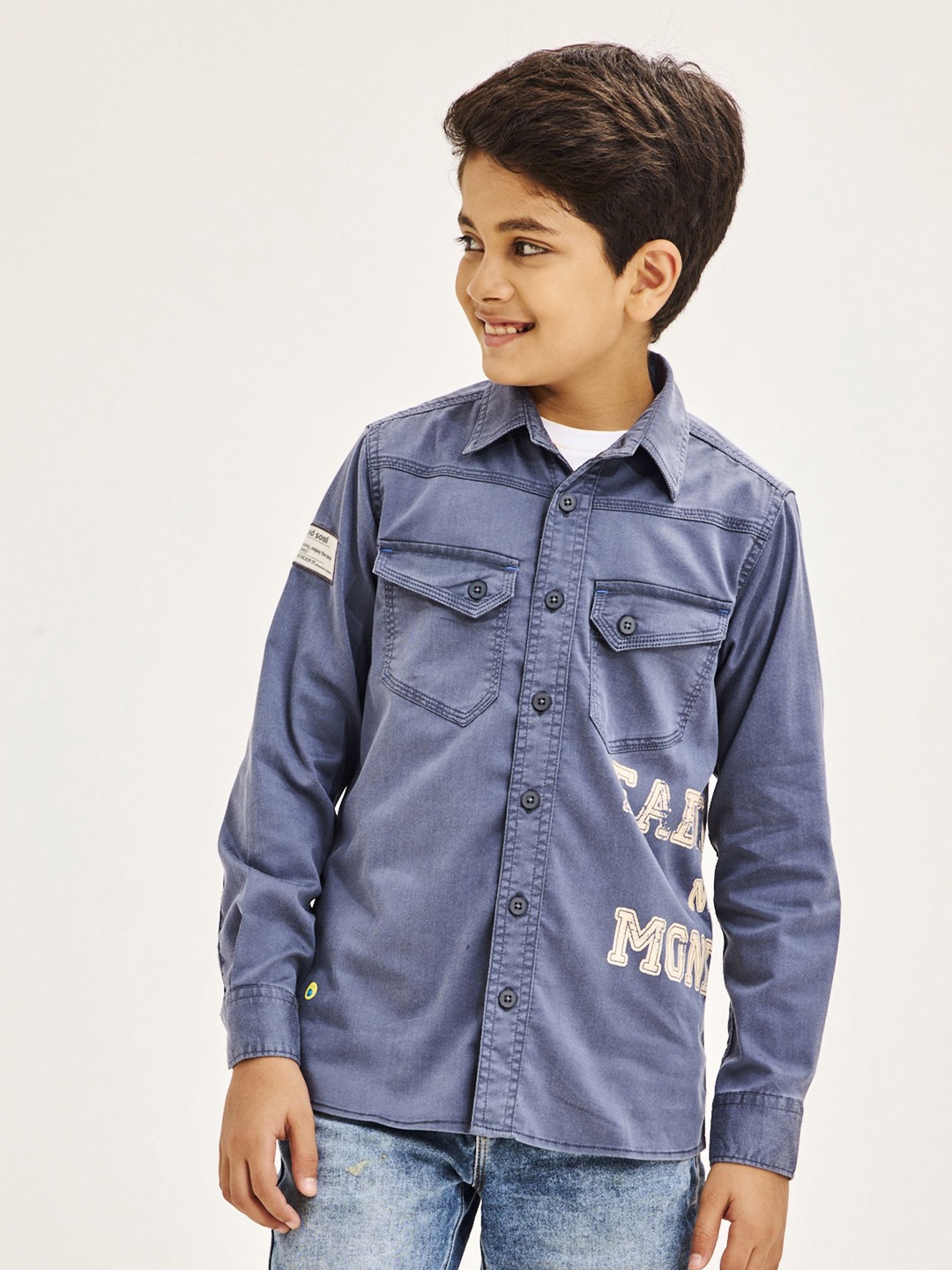 

NO MONDAYS Boys Relaxed Spread Collar Typography Printed Cotton Casual Shirt, Grey